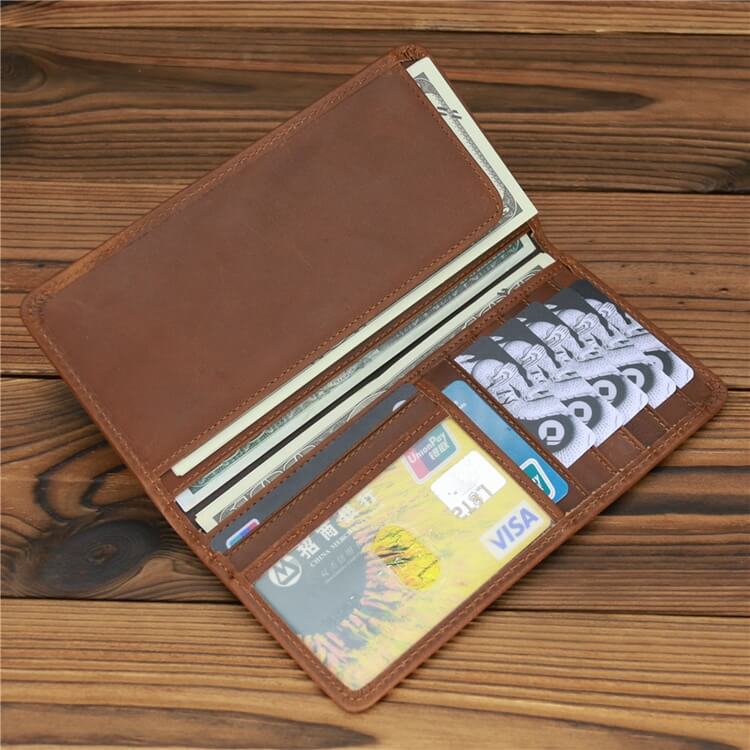 Genuine leather long wallet passport holder compartments