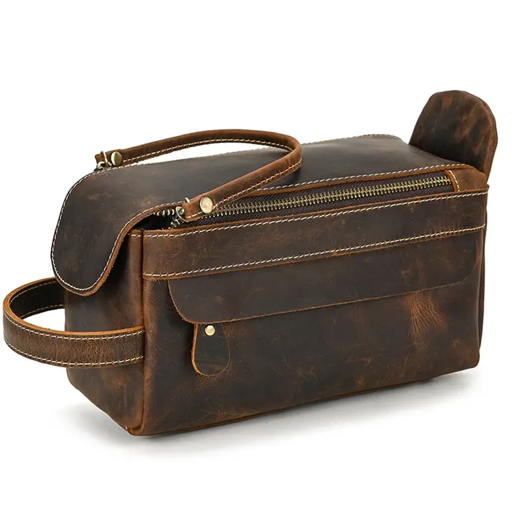 Vintage genuine leather toiletry bag with shoulder strap