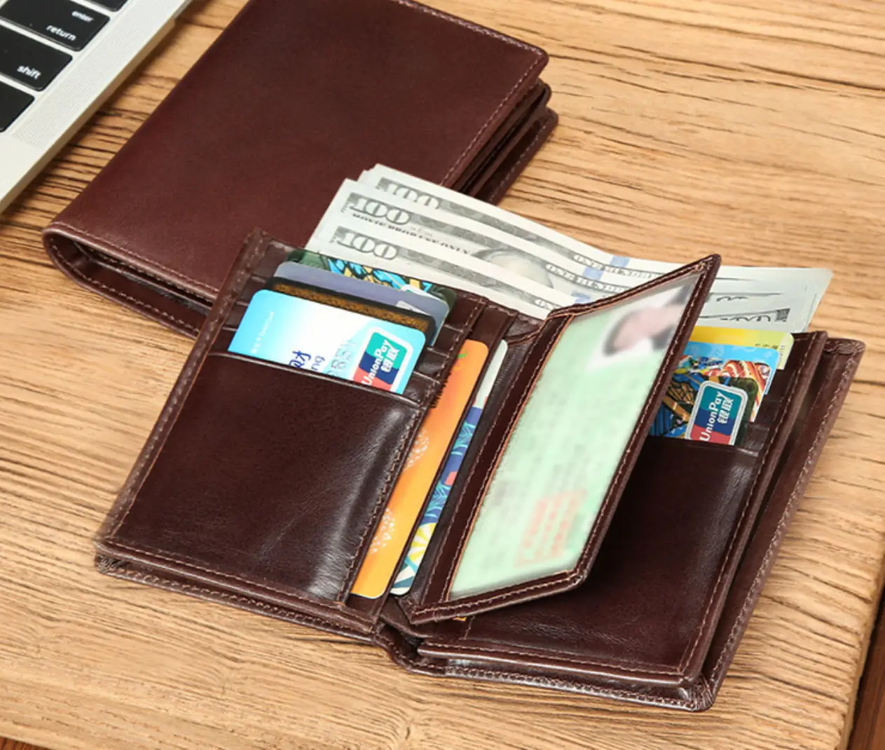 Men's wallet interior with multiple card slots and transparent ID window