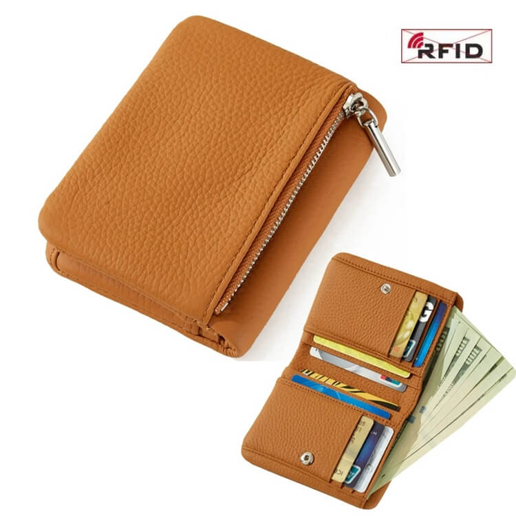 Women's genuine cowhide leather RFID short wallet with multiple card slots and cash compartments