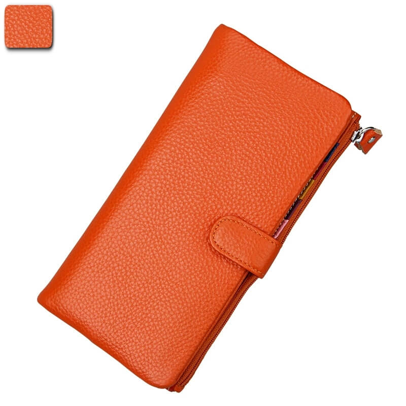 Women's genuine cowhide leather long wallet with multiple card slots and cash compartments