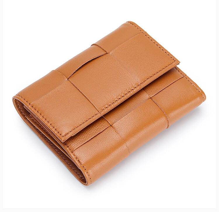 Genuine sheepskin leather woven women's wallet in tan brown